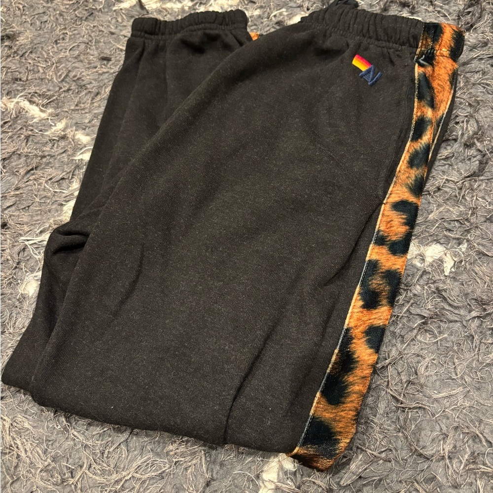 Aviator Nation Black Track Pants with Leopard Side Stripe